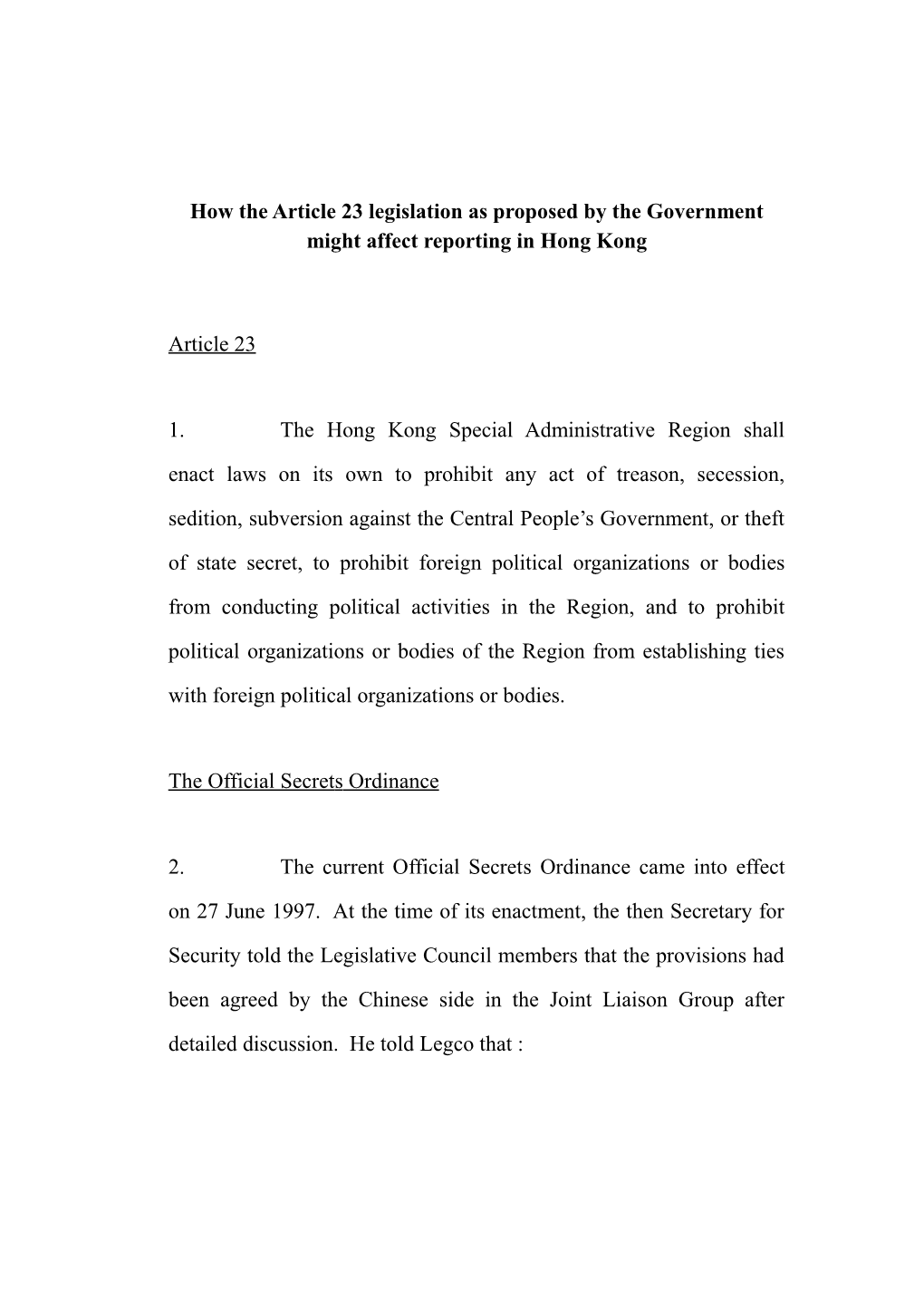 How the Article 23 Legislation As Proposed by the Government Might Affect Reporting in Hong Kong