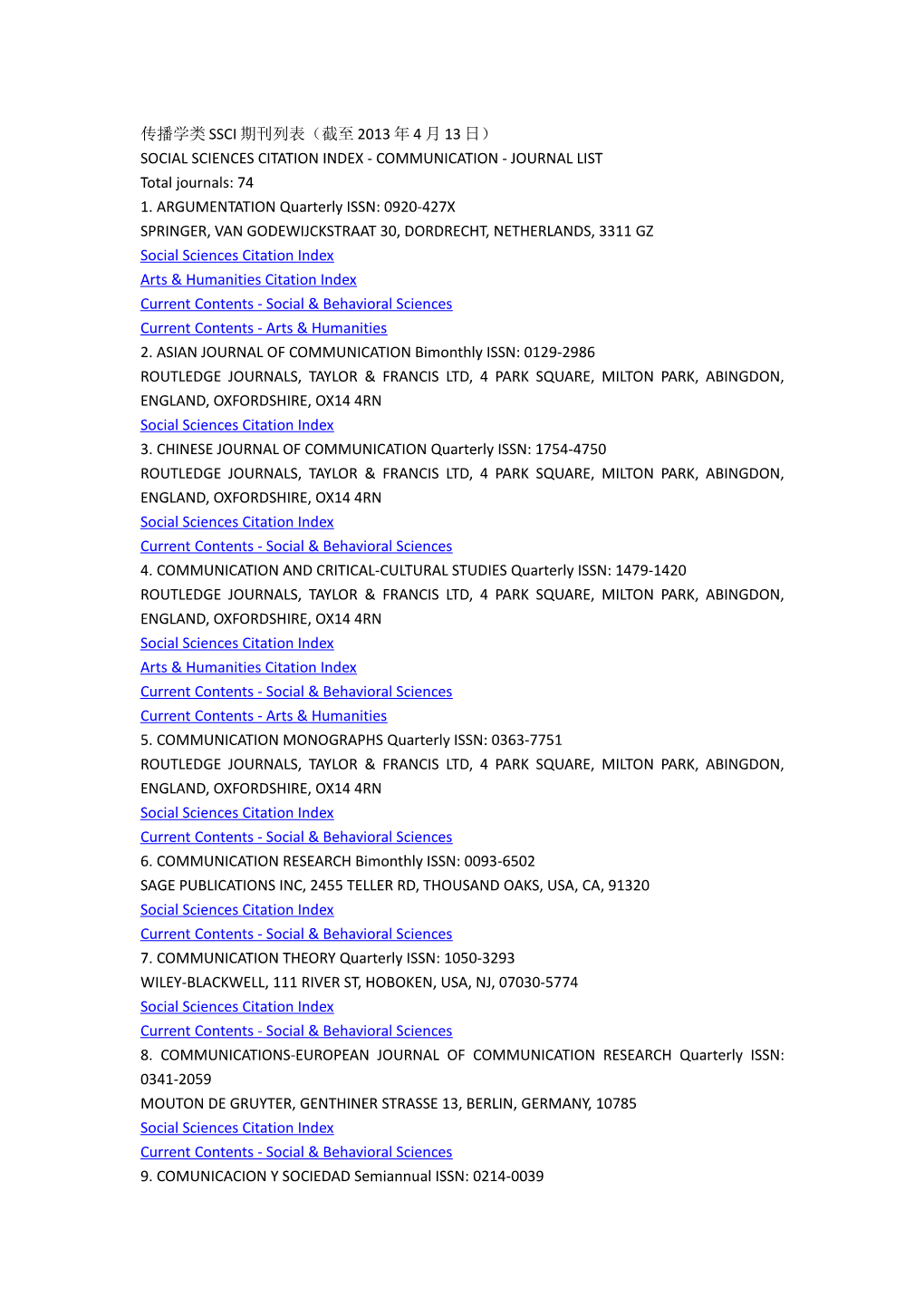 SOCIAL SCIENCES CITATION INDEX - COMMUNICATION - JOURNAL LIST Total Journals: 74