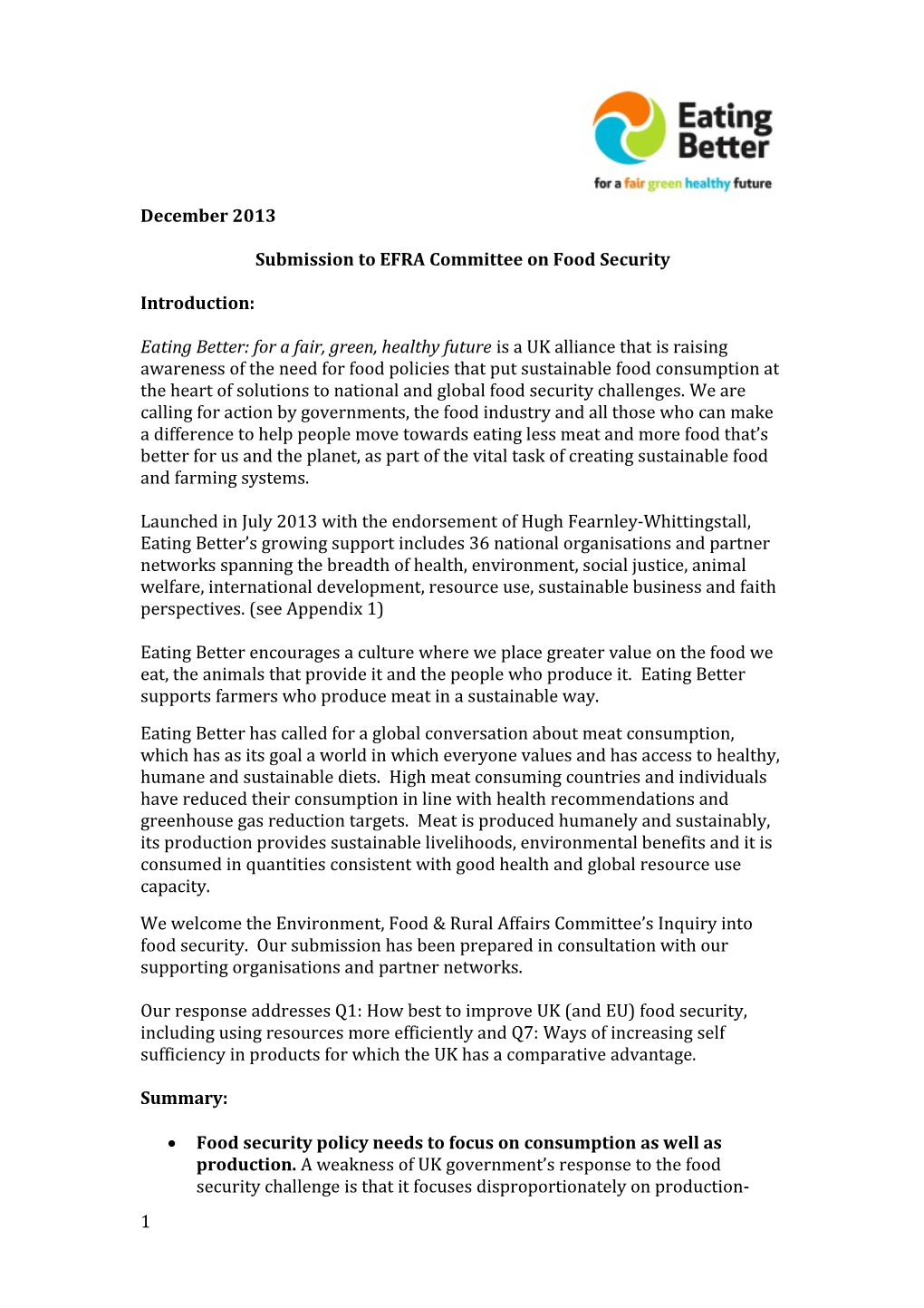 Submission to EFRA Committee on Food Security