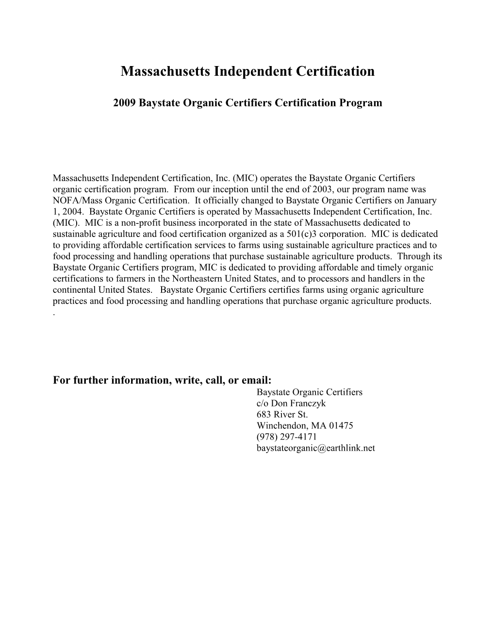 2009 Baystate Organic Certifiers Certification Program