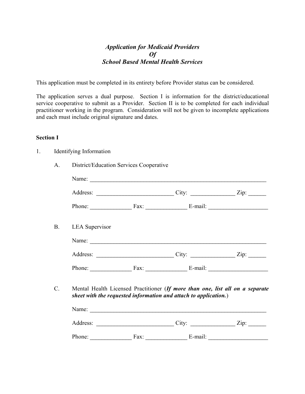 Application for Medicaid Providers