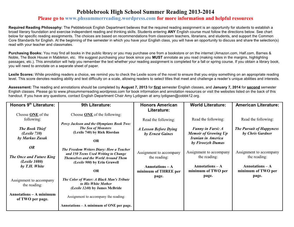 Pebblebrook High School Summer Reading 2009-2010