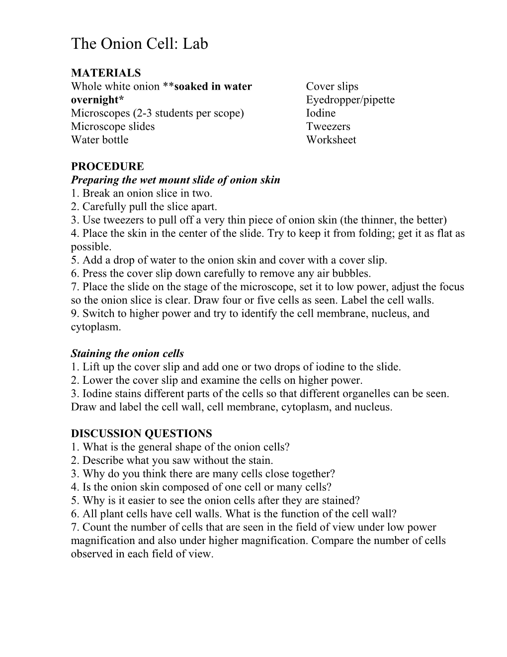 The Onion Cell: Lab Assignment