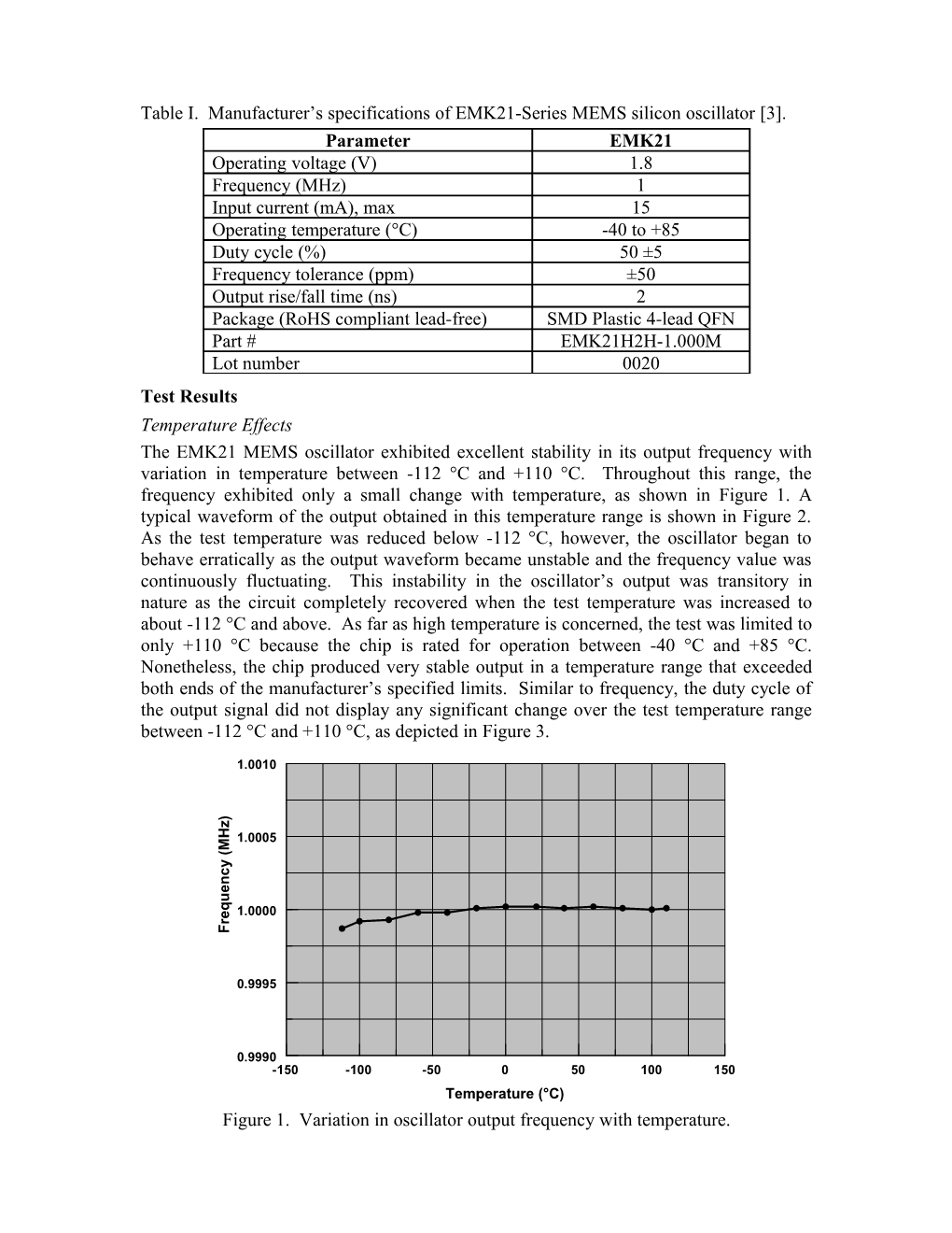 Assessment of Operation of EMK21 MEMS Silicon Oscillator Over Wide Temperature Range