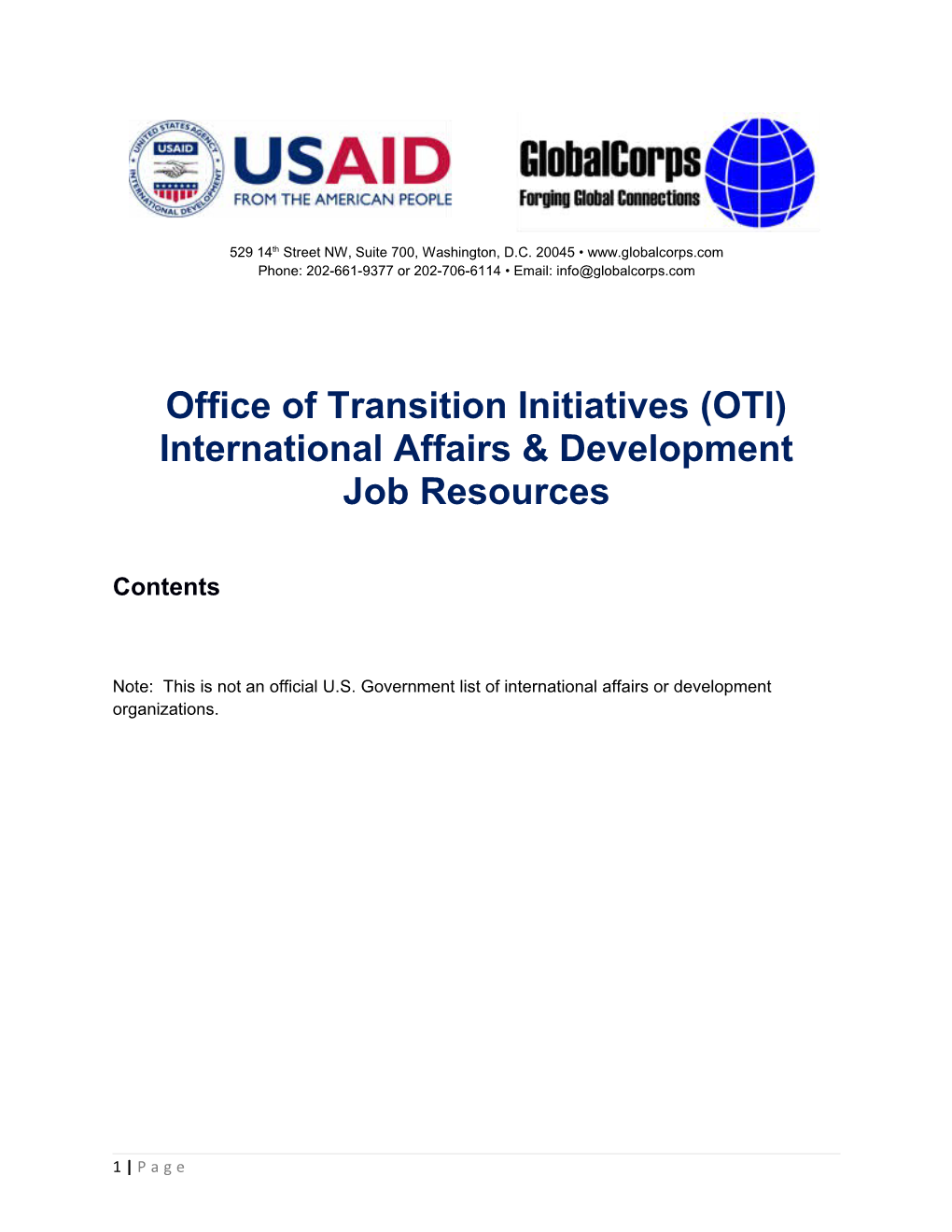 Office of Transition Initiatives (OTI) International Affairs & Development