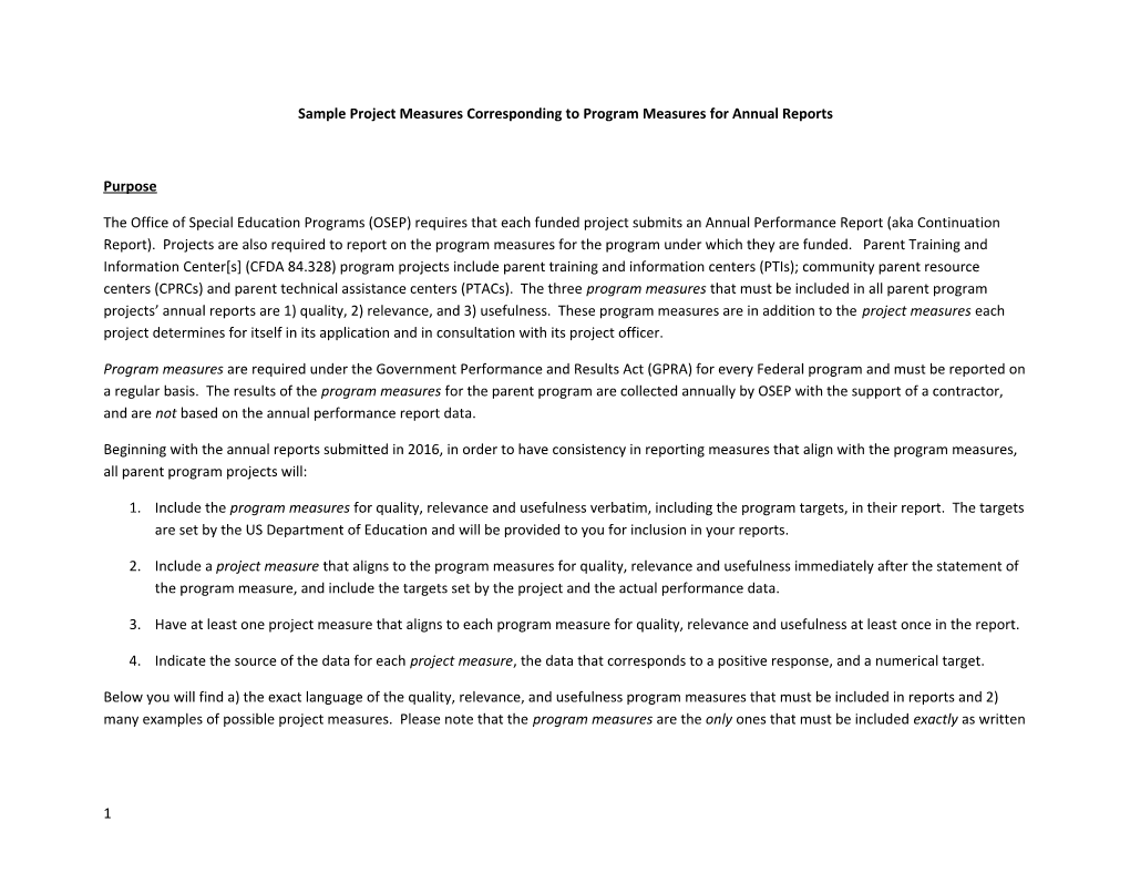 Sample Project Measures Corresponding to Program Measures for Annual Reports