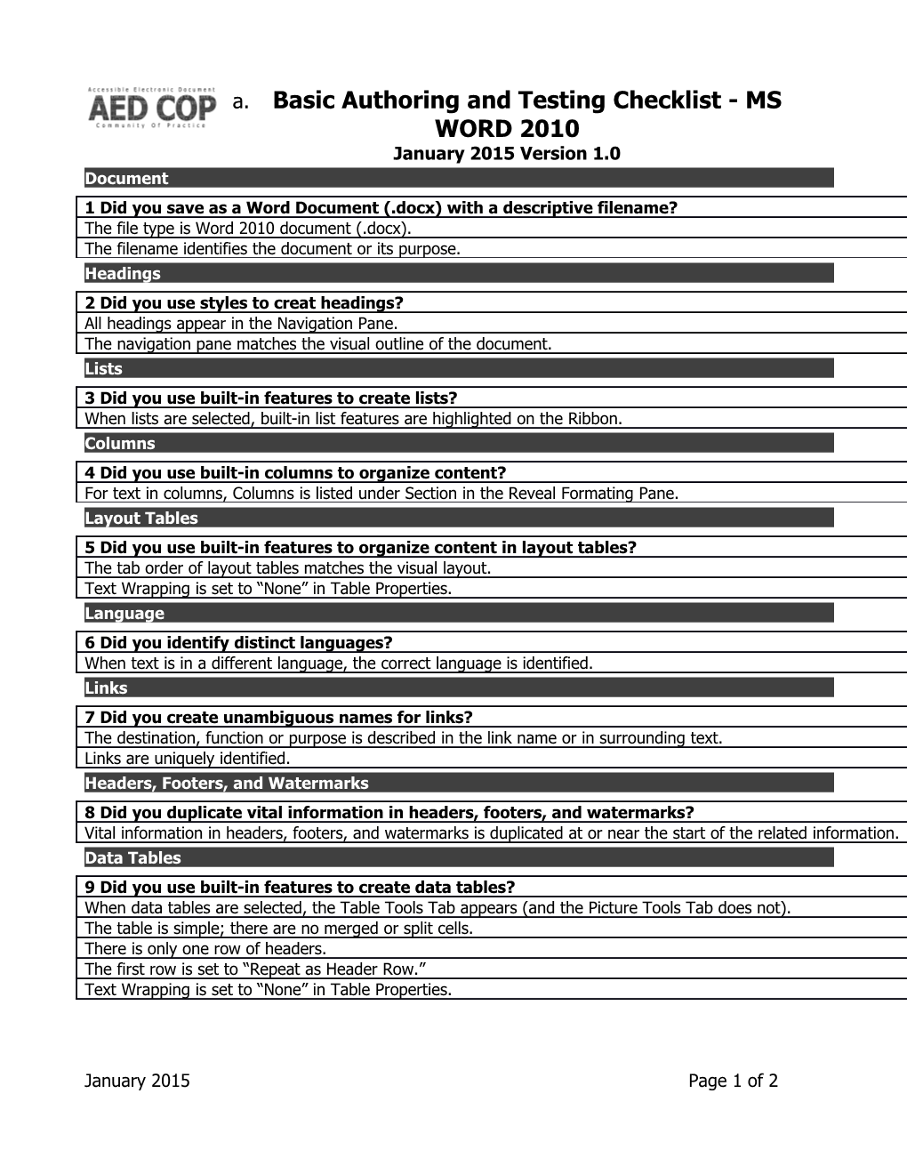 Basic Authoring and Testing Checklist - MS WORD 2010January 2015 Version 1.0