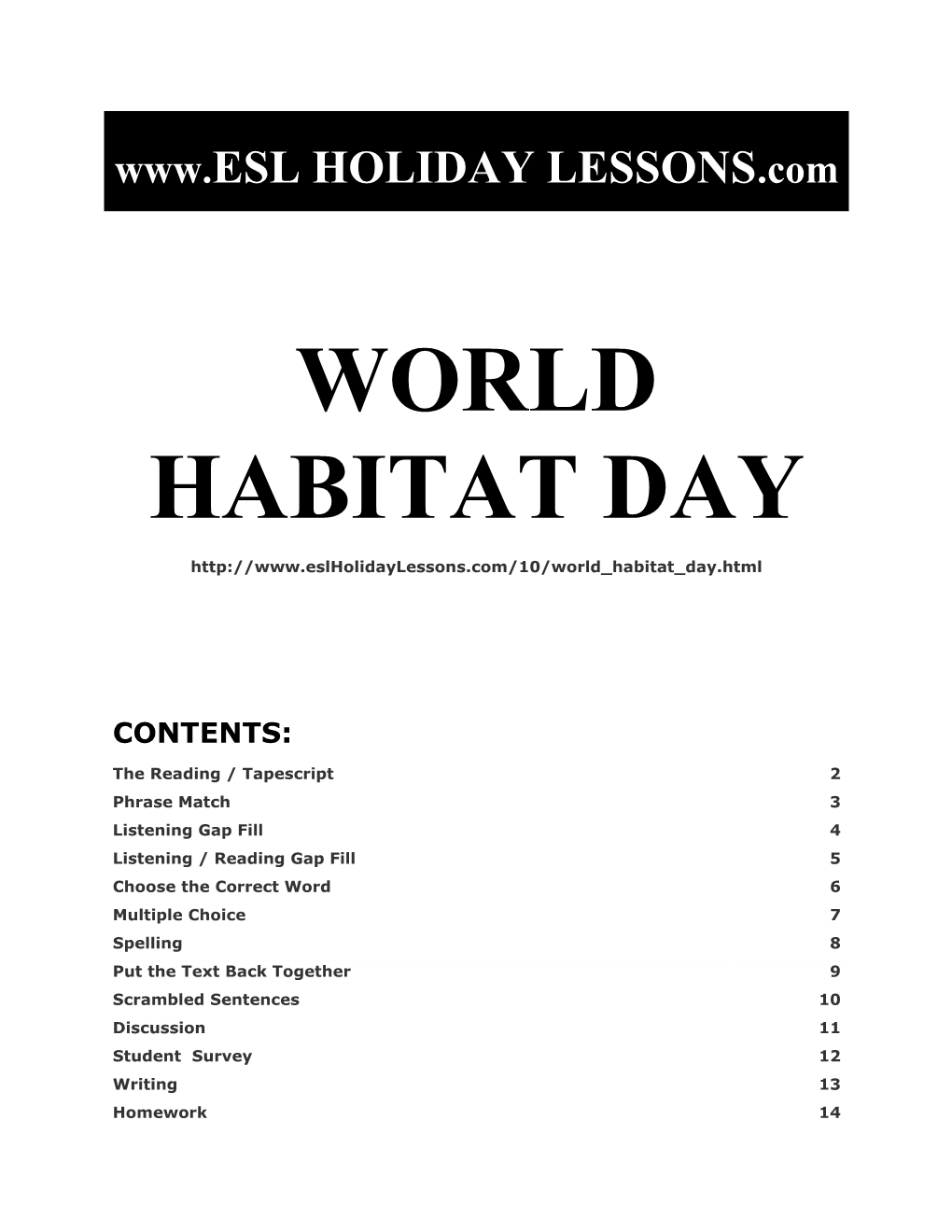 Holiday Lessons - World Habitat Day