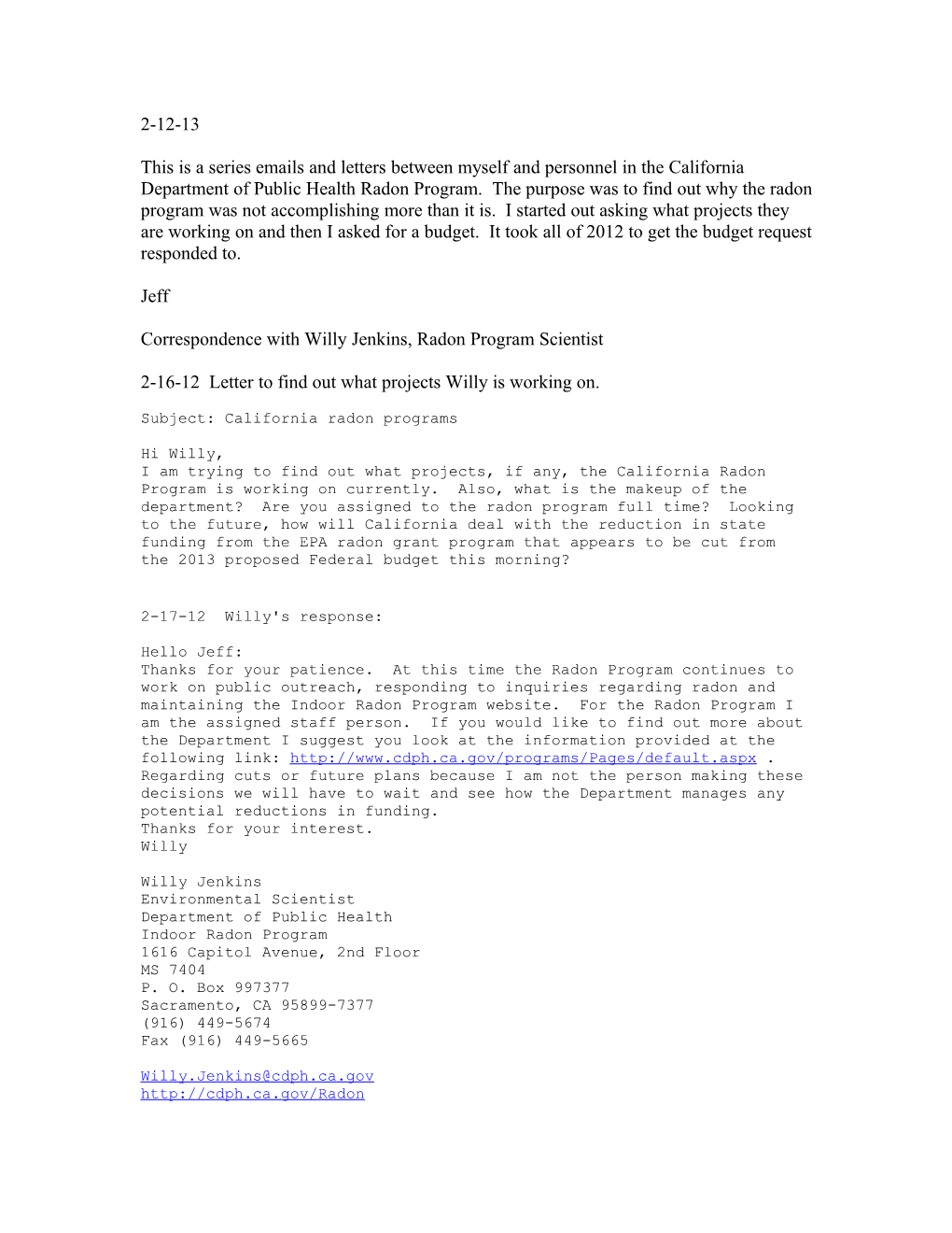 Correspondence with Willy Jenkins, Radon Program Scientist
