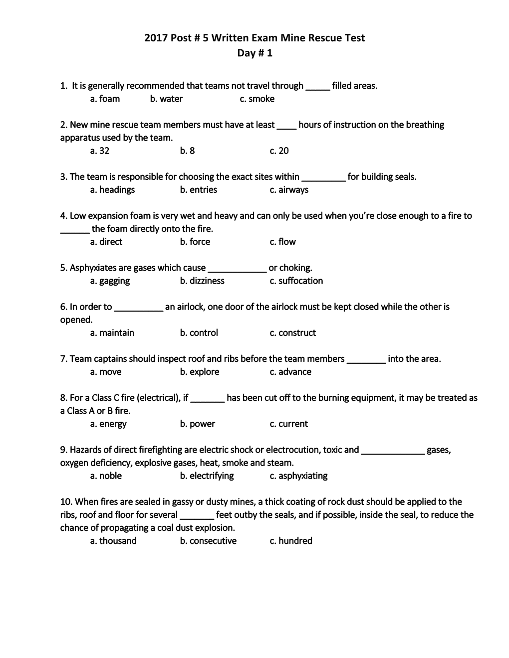 2017 Post # 5 Written Exam Mine Rescue Test