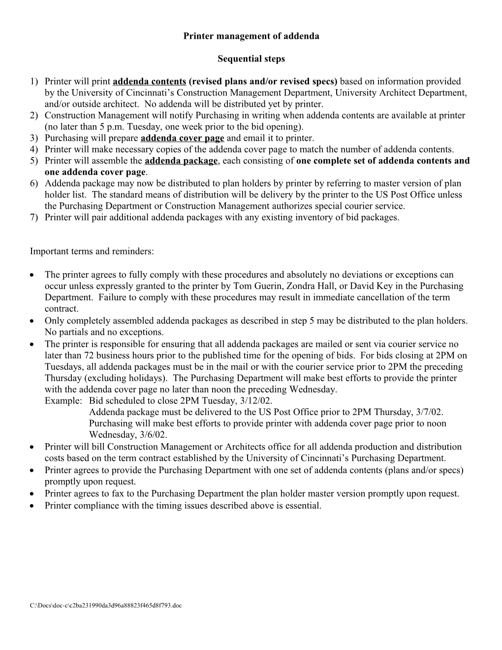 Printer Management of Addenda