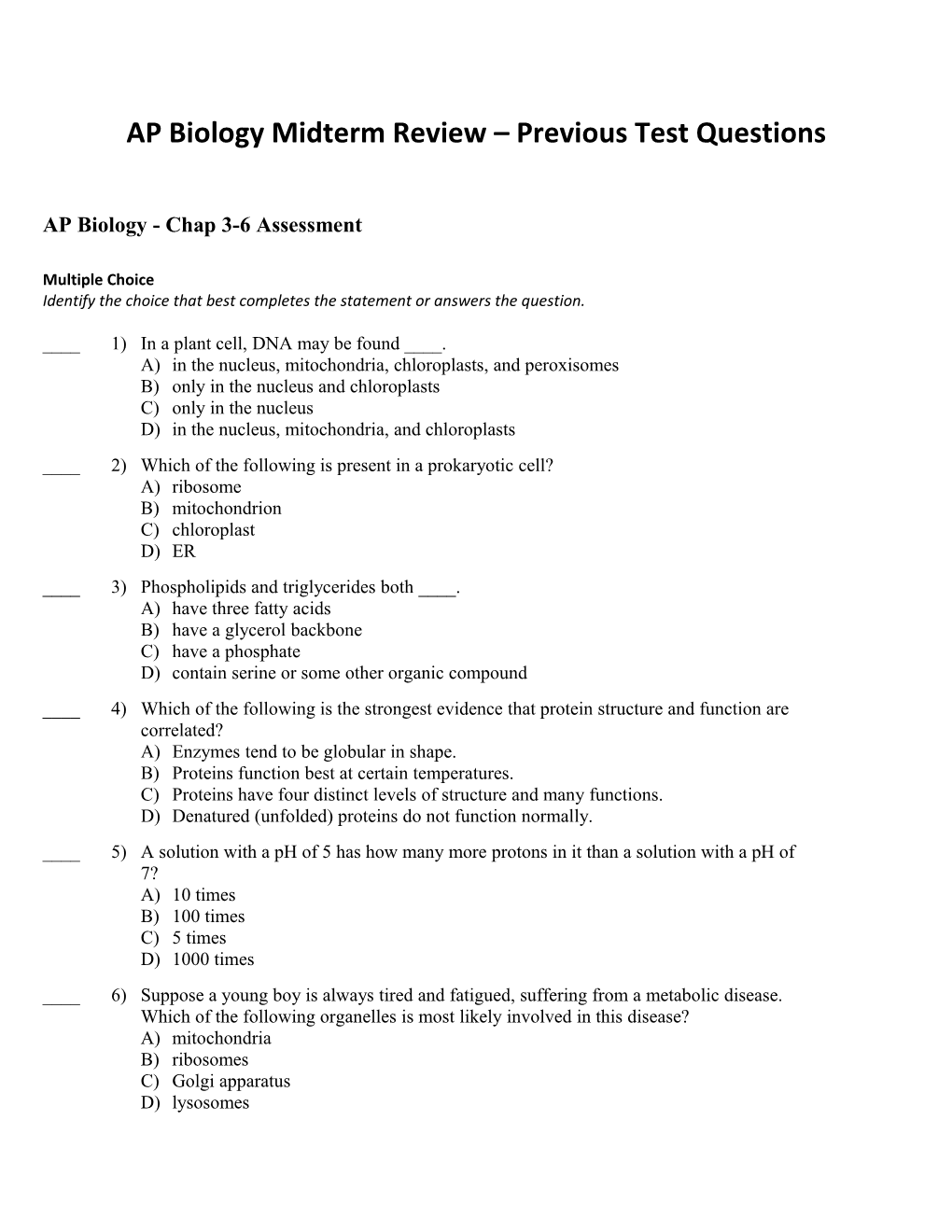 AP Biology Midterm Review Previous Test Questions