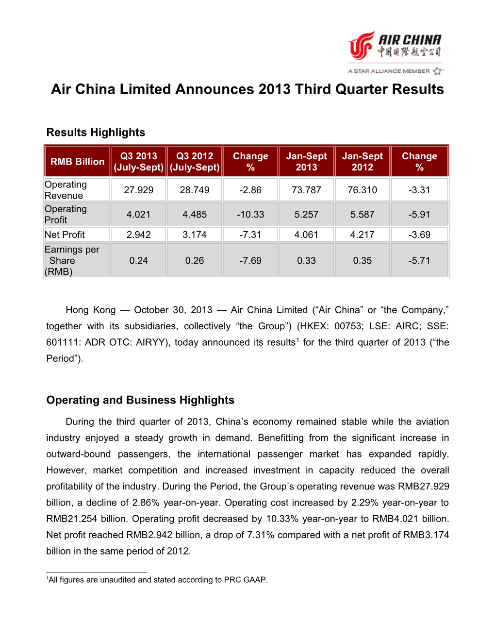 Air China Limited Announces 2013 Third Quarter Results