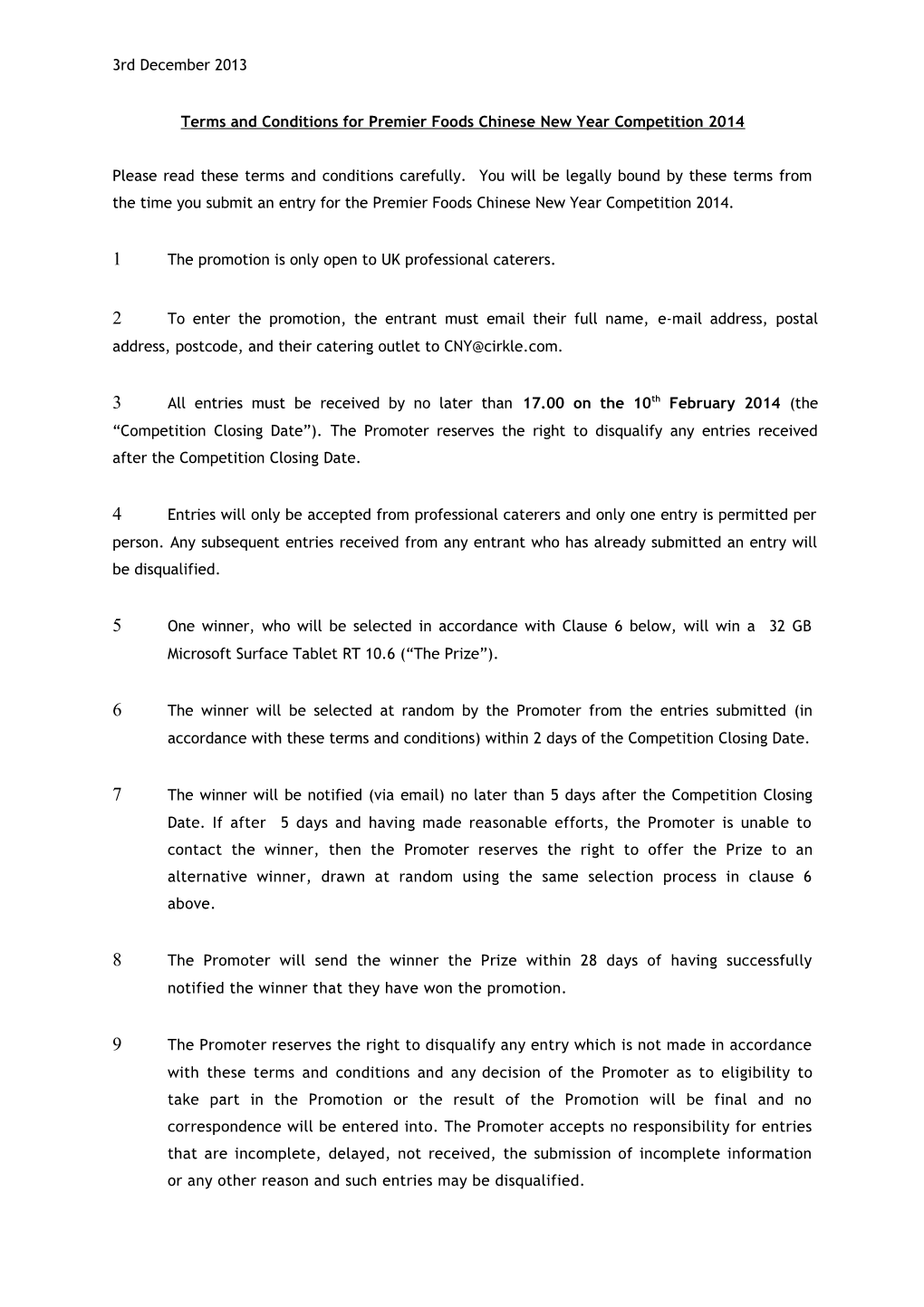 Terms and Conditions for Premier Foods Chinese New Year Competition 2014