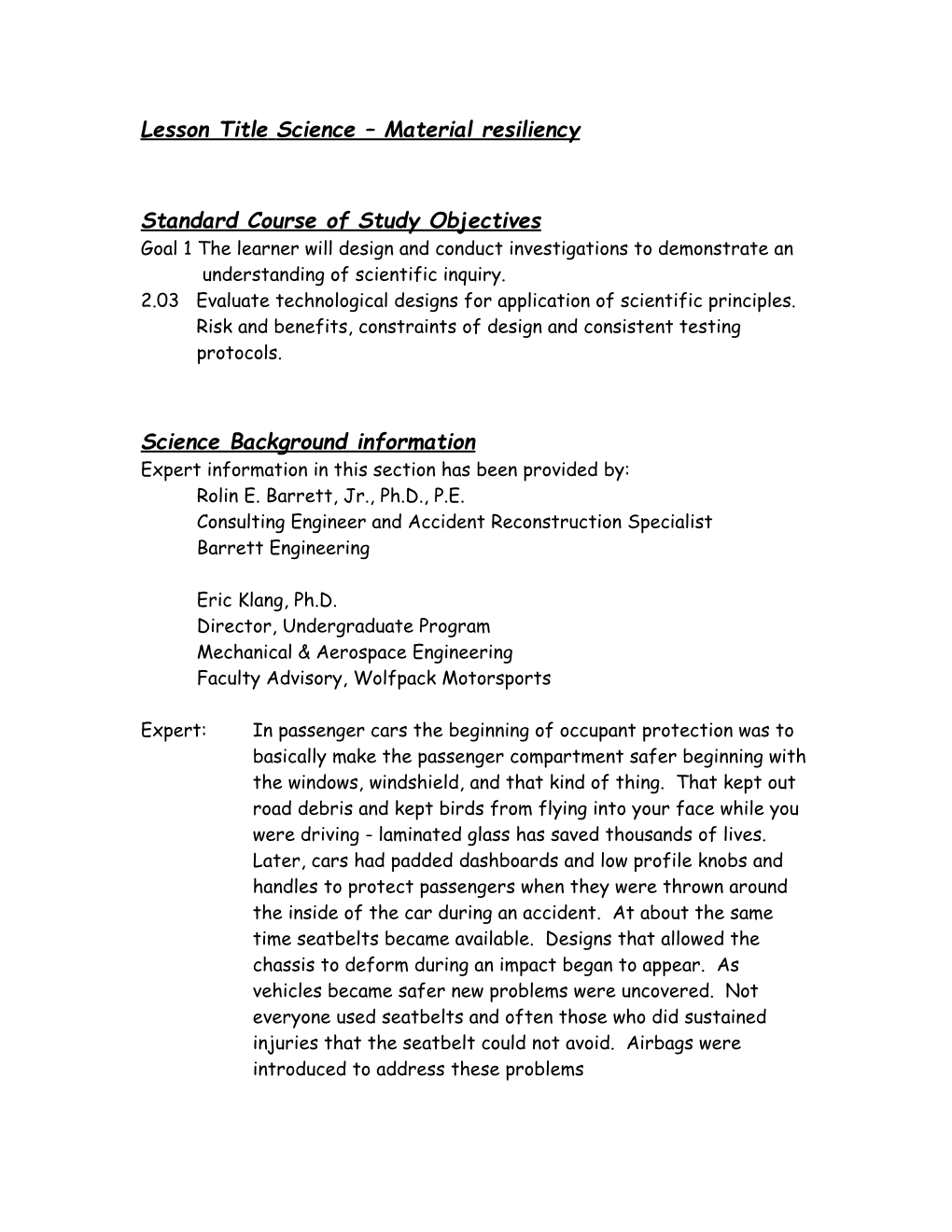 Lesson Title Science Material Resiliency