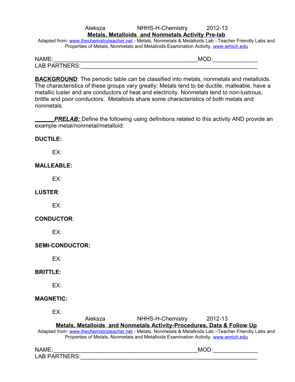 Metals, Metalloids and Nonmetals Activity Pre-Lab