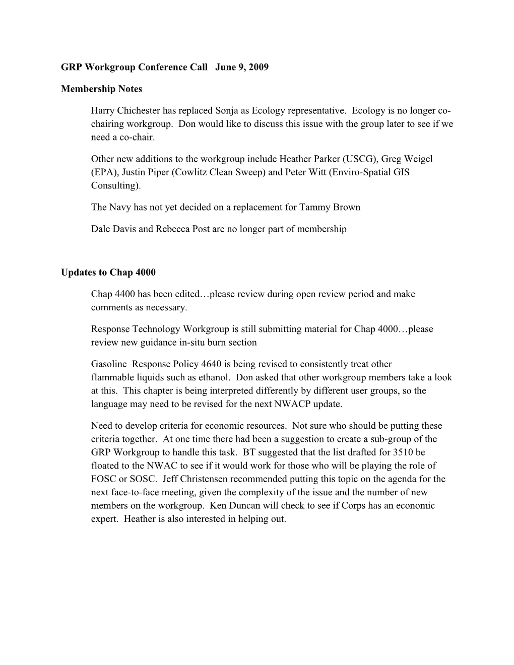 GRP Workgroup Conference Call June 9, 2009