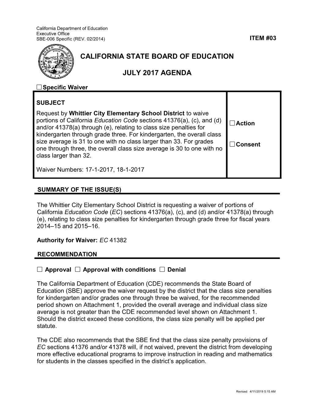 July 2017 Waiver Item W-03 - Meeting Agendas (CA State Board of Education)