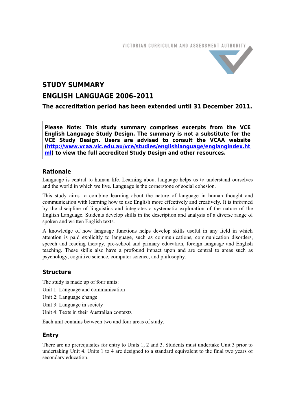 Vce English Language 2006 2011Study Summary