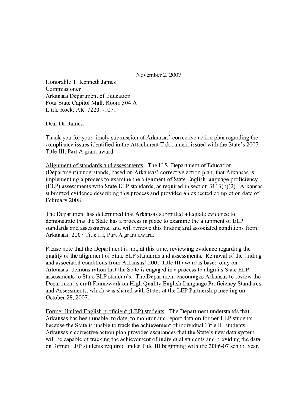 Letter Regarding the Title III, Part a Grant Award Made to Arkansas MS Word