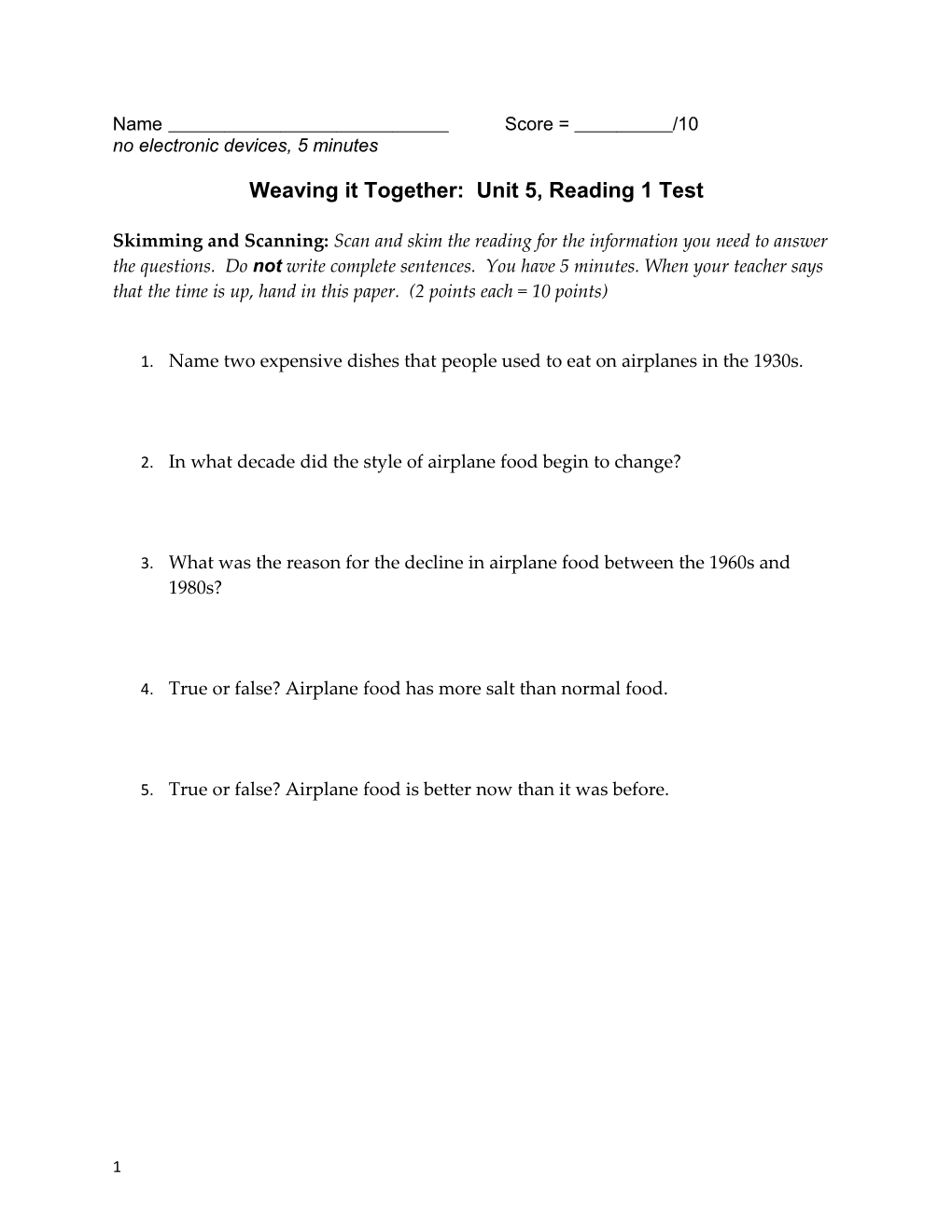 Weaving It Together: Unit 5, Reading 1 Test