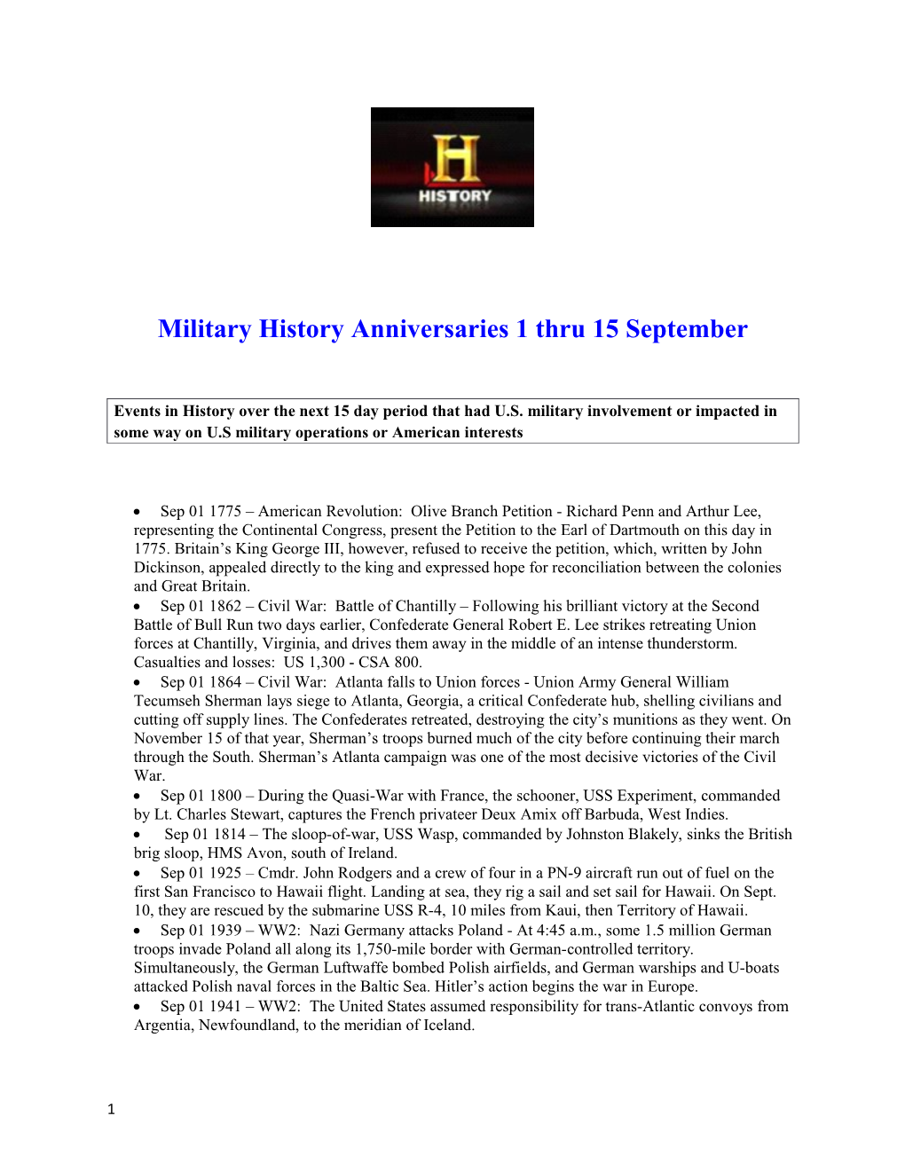 Military History Anniversaries 1 Thru 15 September
