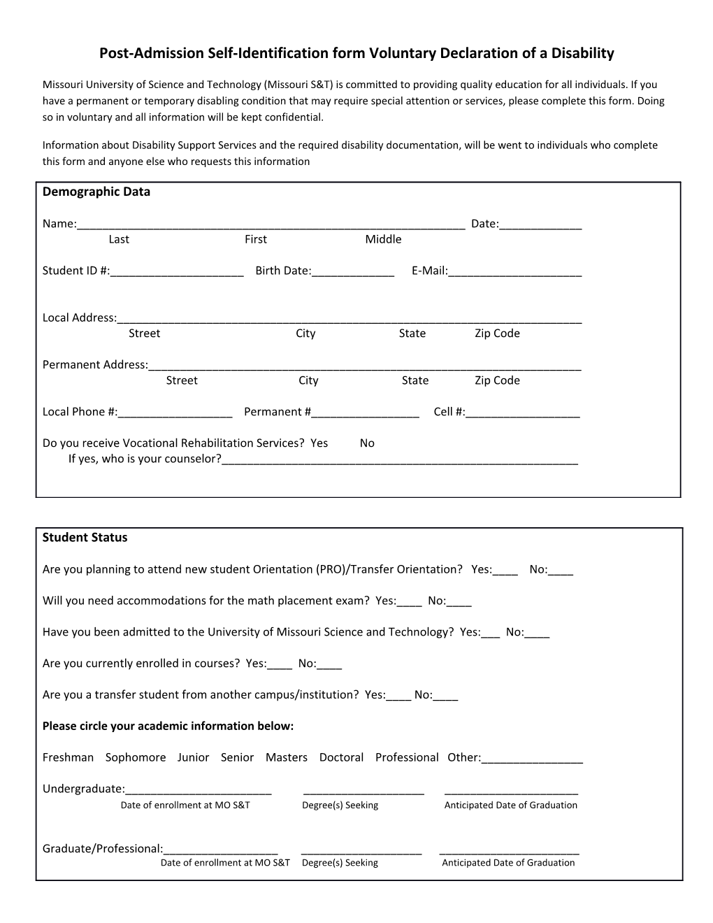 Post-Admission Self-Identification Form Voluntary Declaration of a Disability