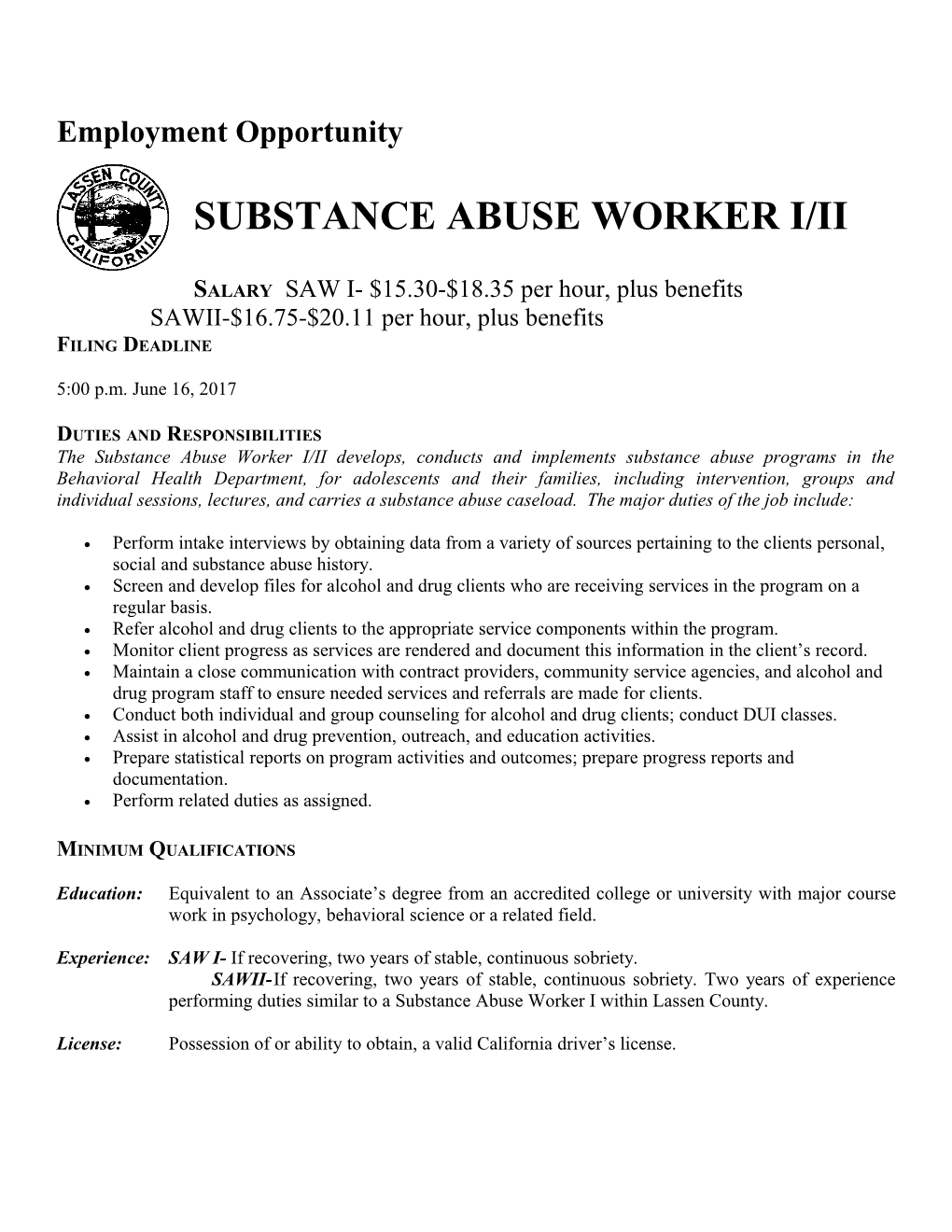 Substance Abuse Worker I/Ii