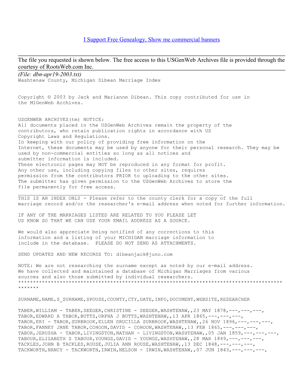 Washtenaw County, Michigan Dibean Marriage Index