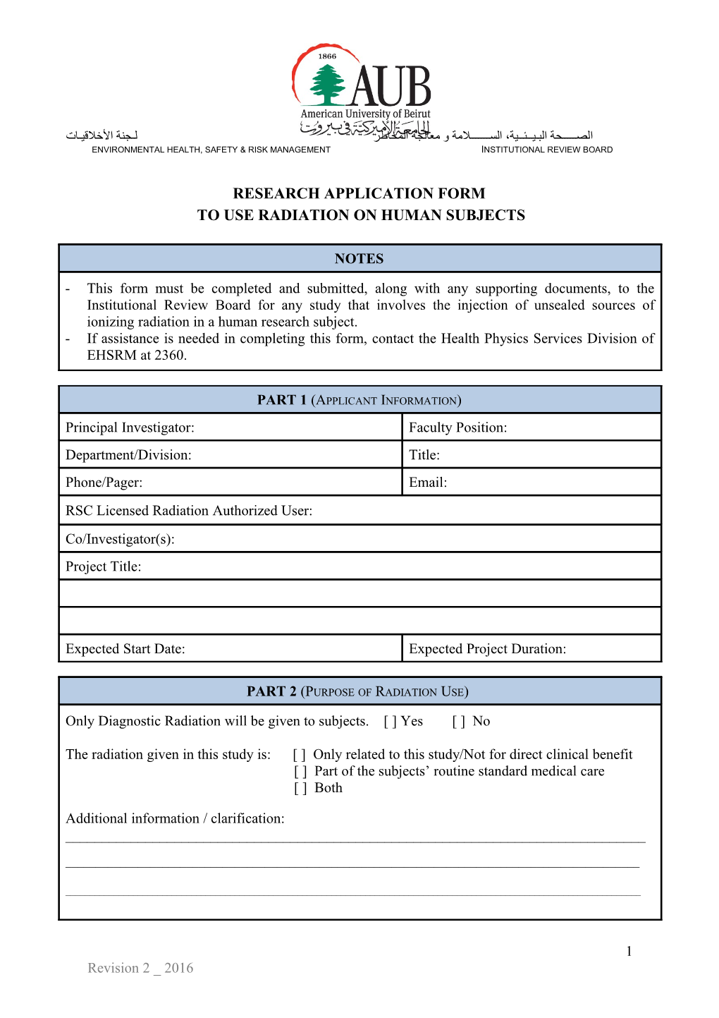 Application for the Use of Radiation on Human Subject