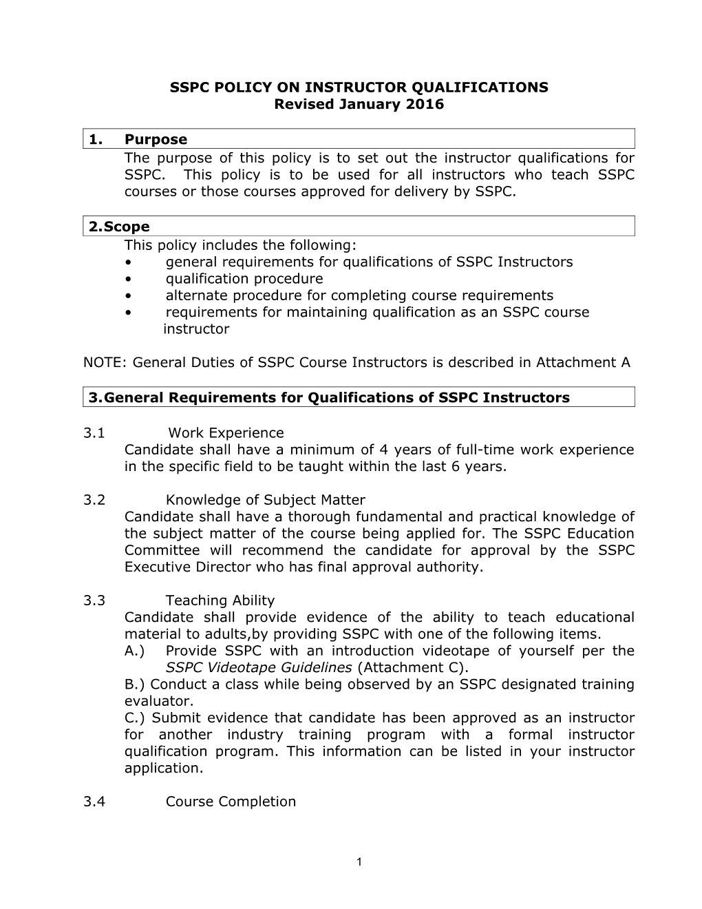 Sspc Policy on Instructor Qualifications