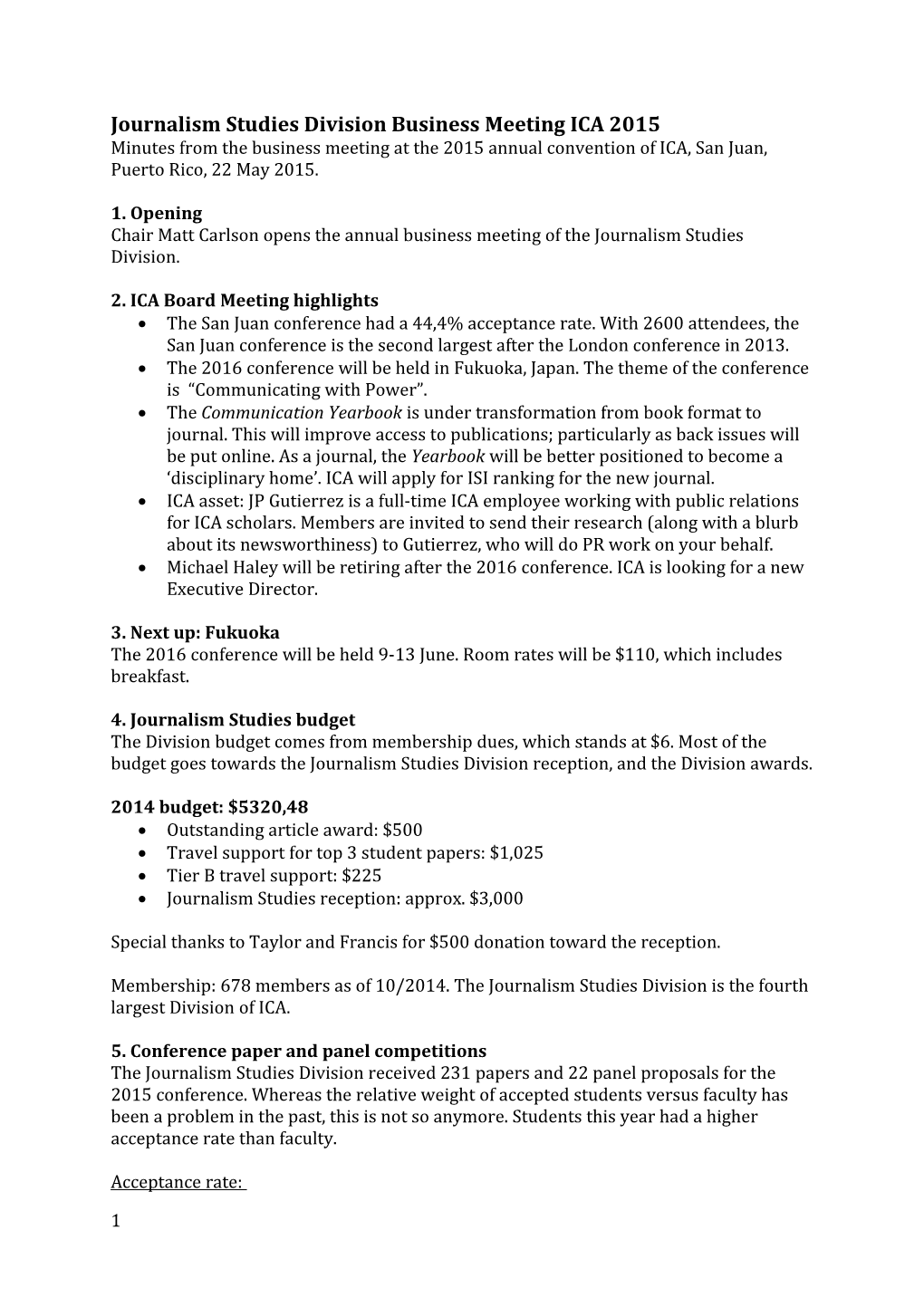 Journalism Studies Division Business Meeting ICA 2015