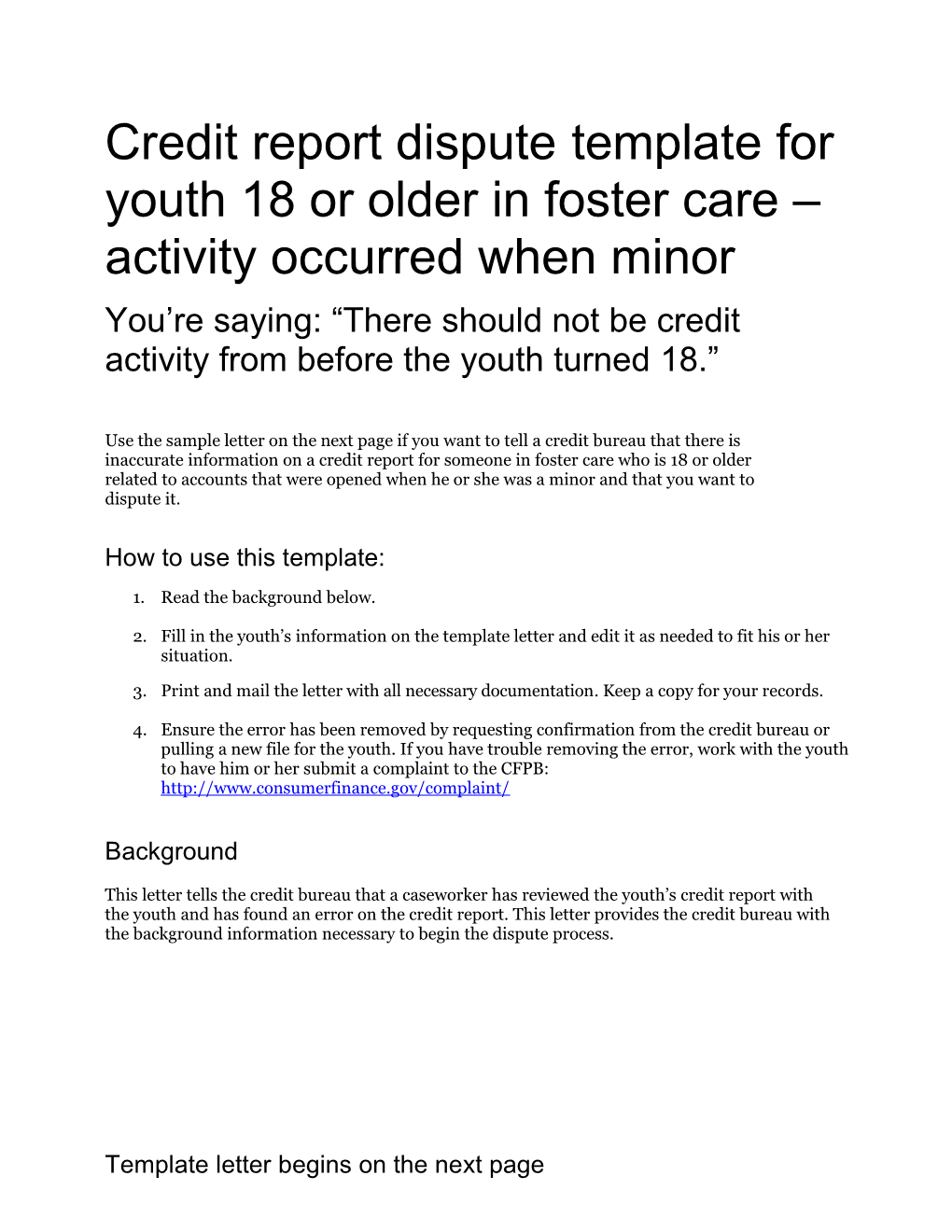 Credit Report Dispute Template for Youth 18 Or Older in Foster Care Activity Occurred When Minor