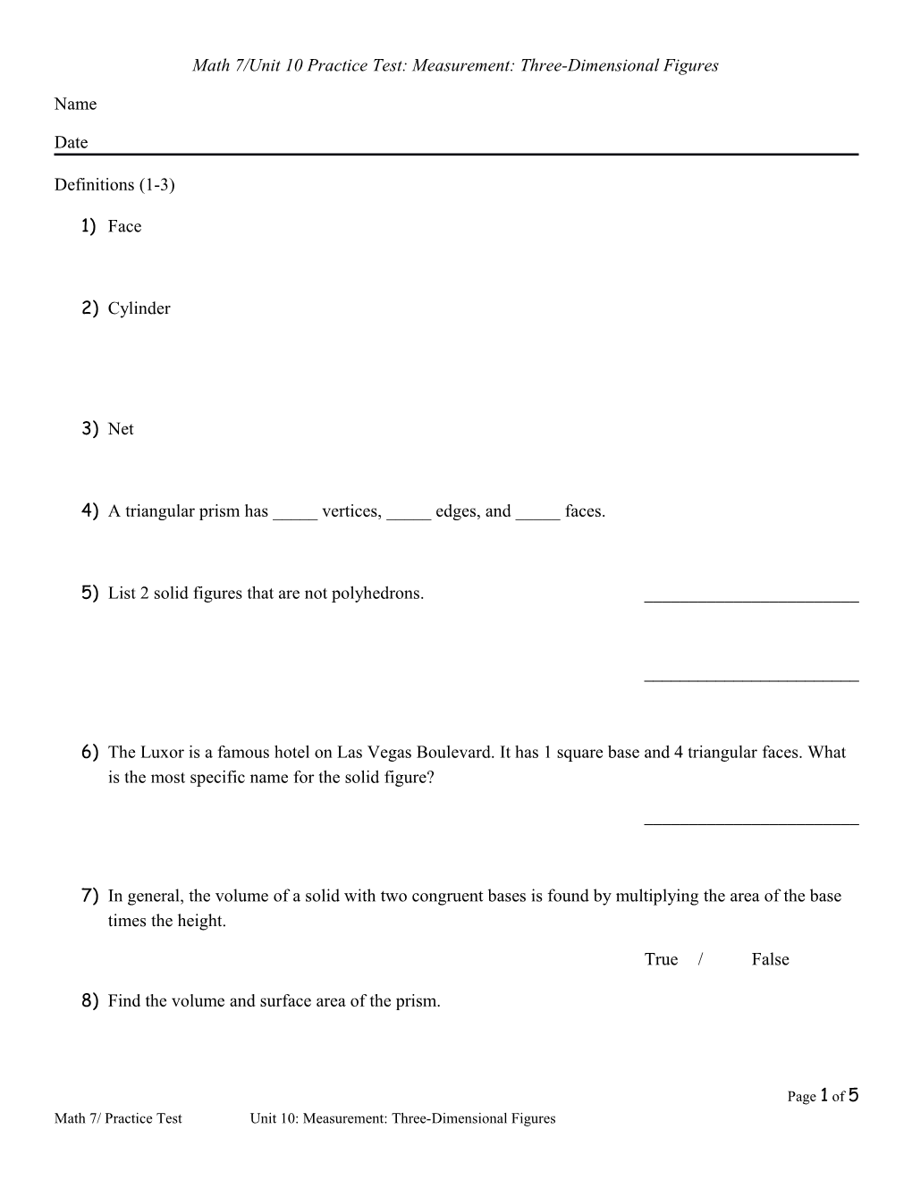 Math 7/Unit 10 Practice Test: Measurement: Three-Dimensional Figures