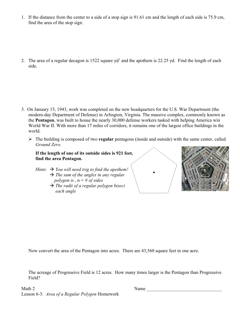 Lesson 6-3: Area of a Regular Polygon