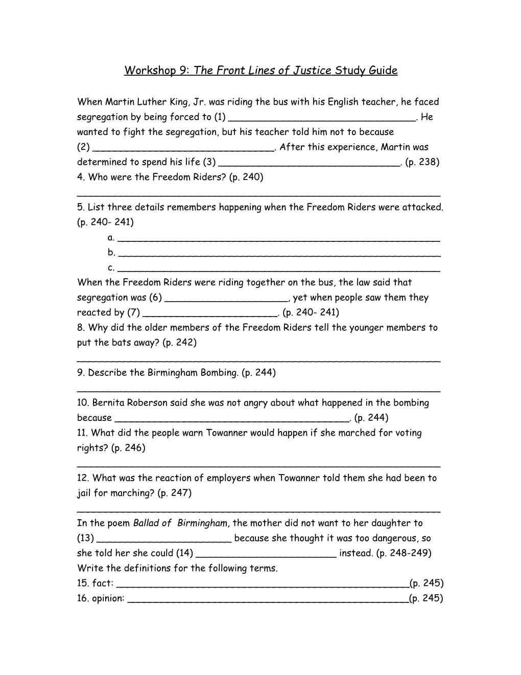 Workshop 9: the Front Lines of Justice Study Guide