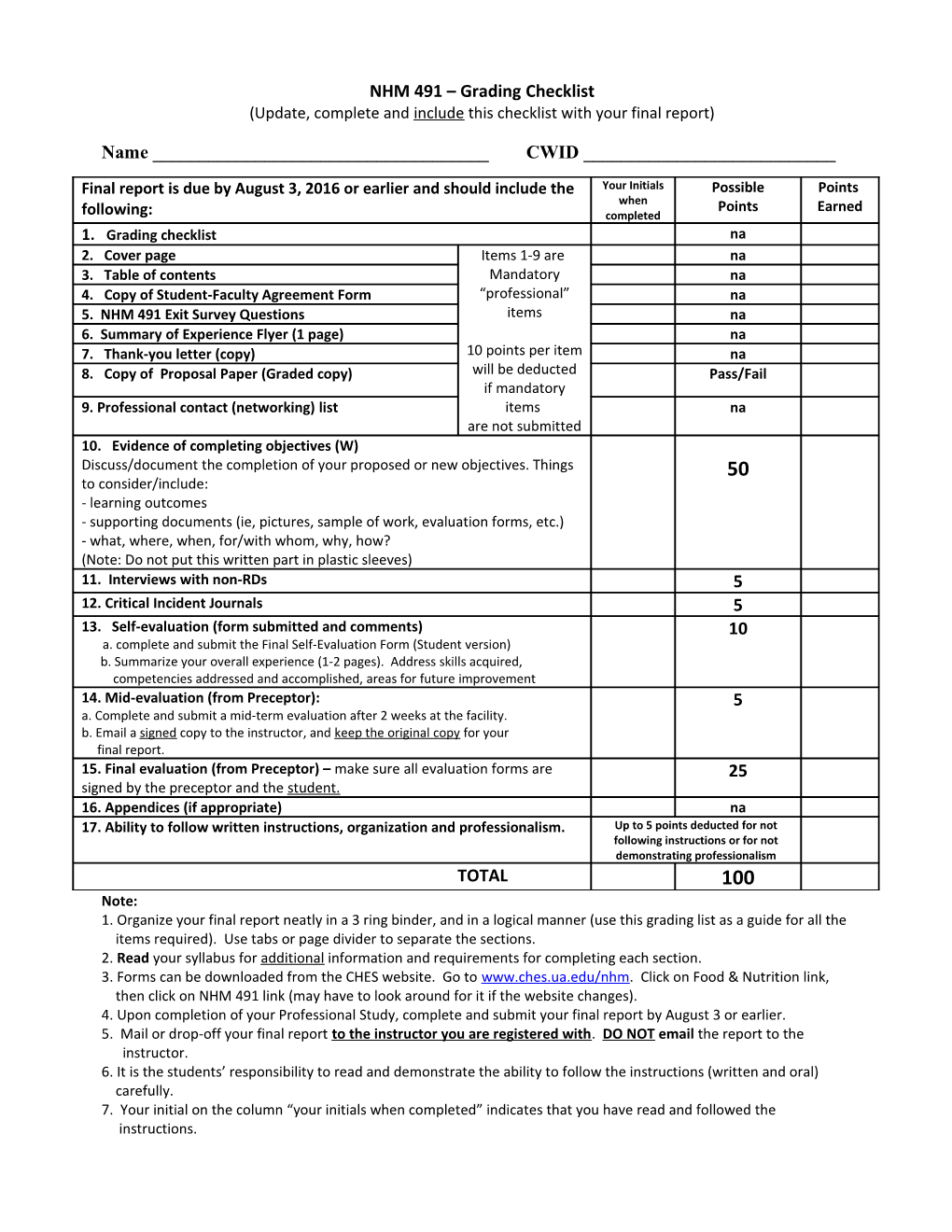 NHM 491 Grading Checklist
