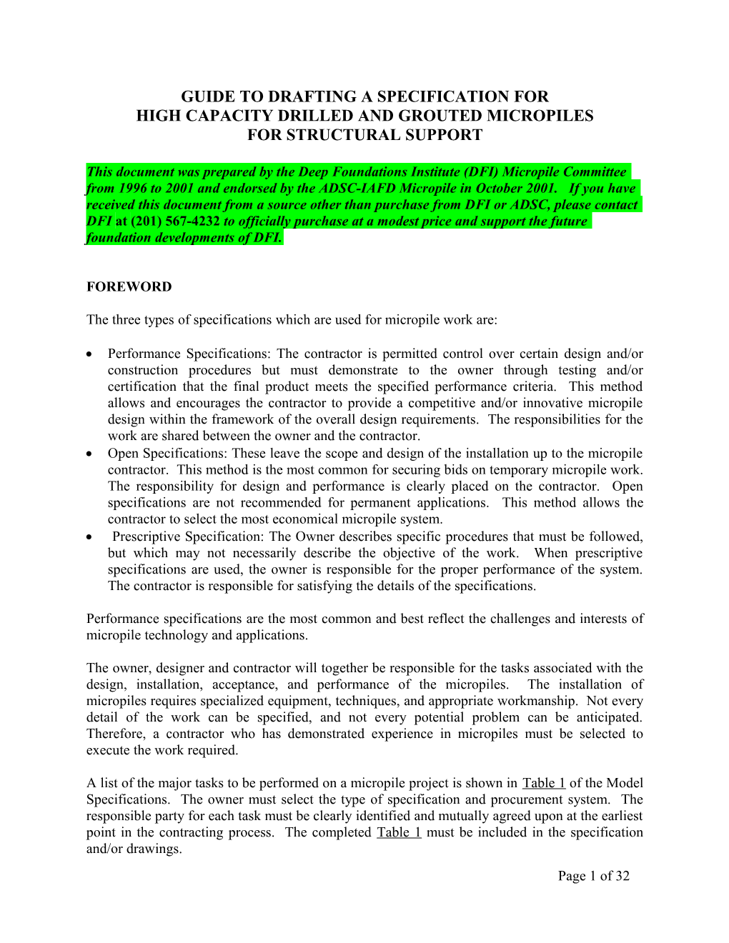 Guide to Drafting a Specification for High Capacity Drilled and Grouted Micropiles For