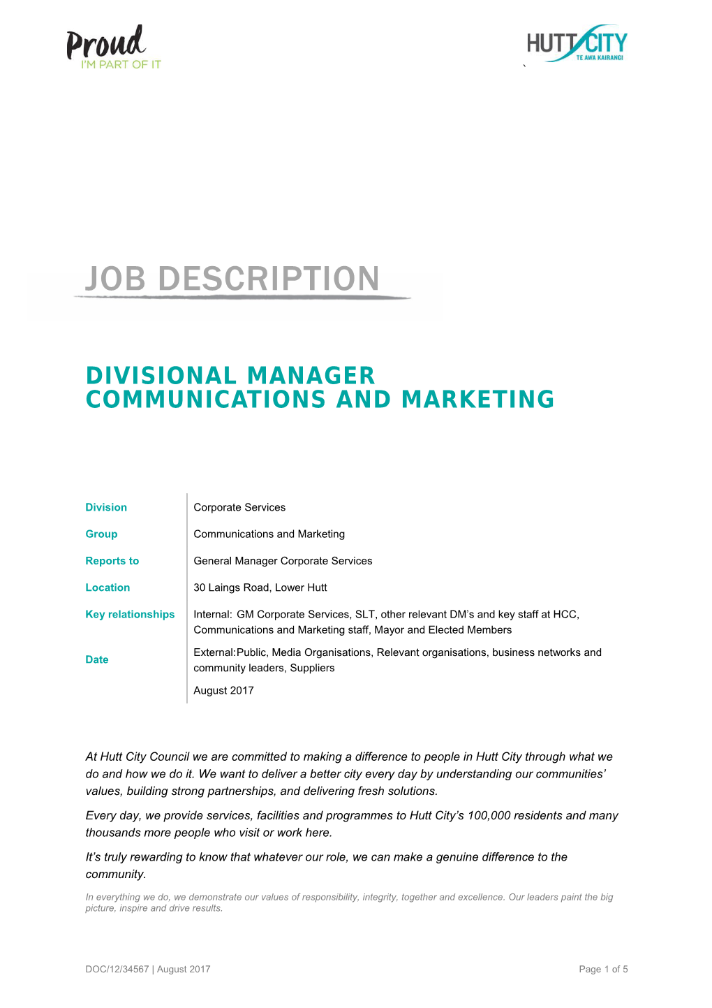 Divisional Manager Communications and Marketing