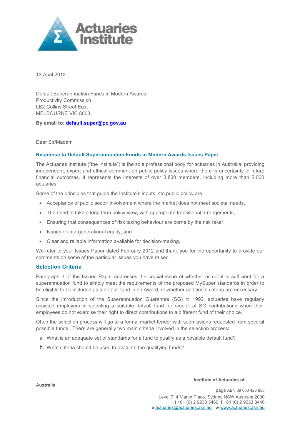 Submission 45 - Actuaries Institute - Default Superannuation Funds in Modern Awards - Public