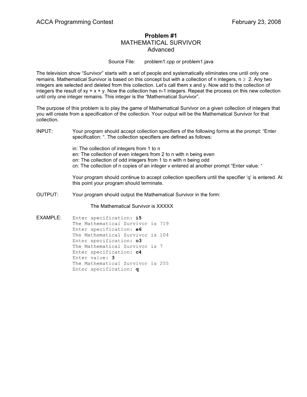 ACCA Programming Contest February 23, 2008