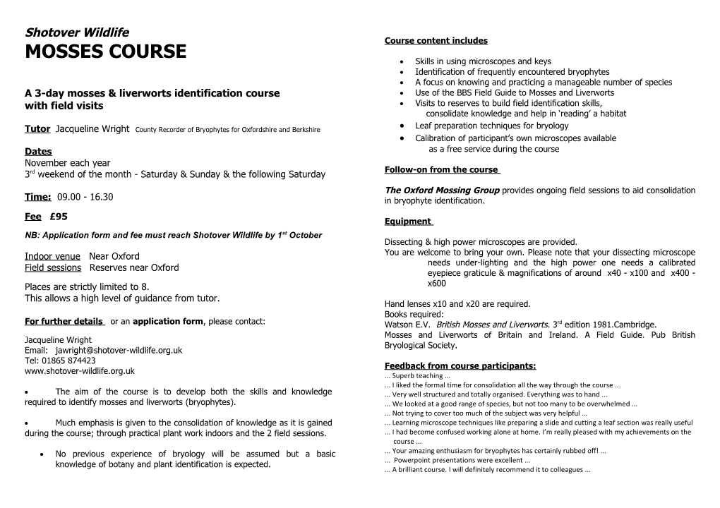 Shotover Wildlife Bryophyte Course