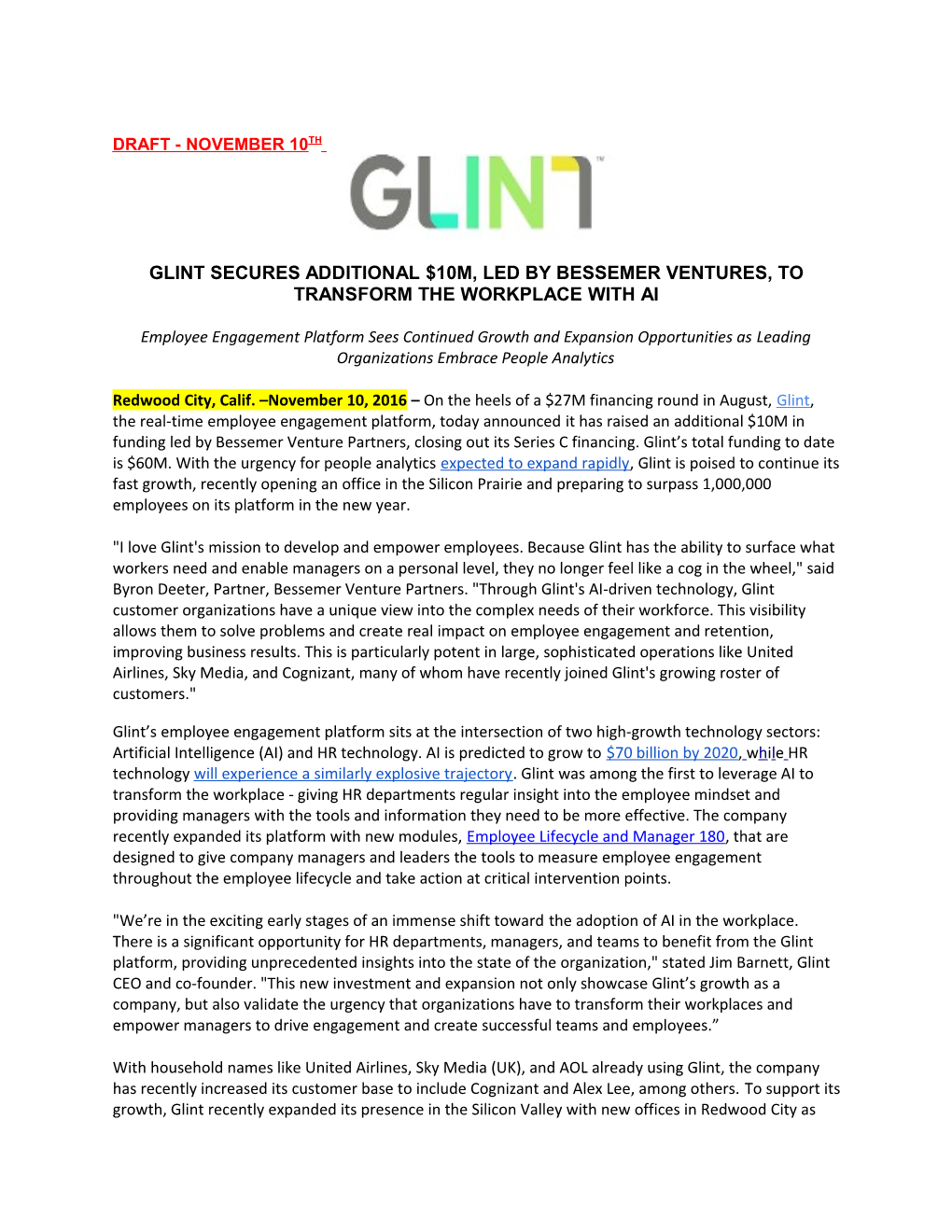 Glint Secures Additional $10M, Led by Bessemer Ventures, to Transform the Workplace with Ai