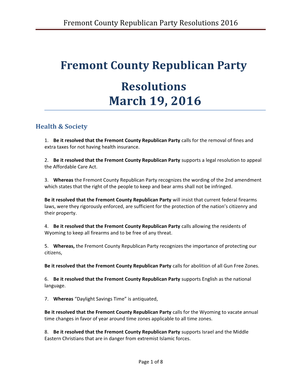 Fremont County Republican Party Resolutions 2016