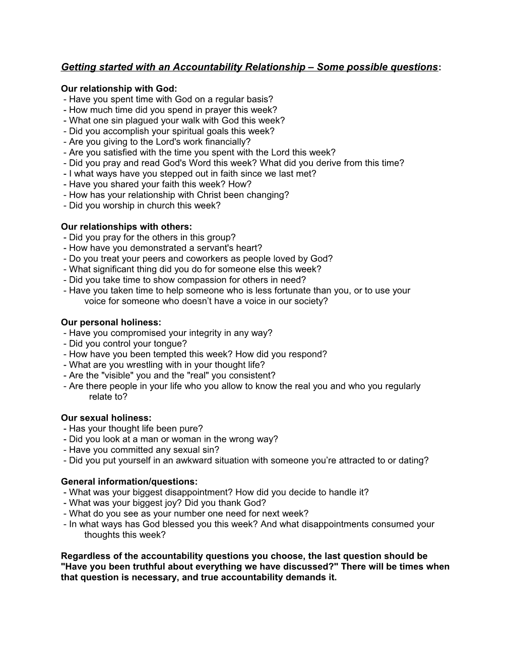 Getting Started with an Accountability Relationship Some Possible Questions