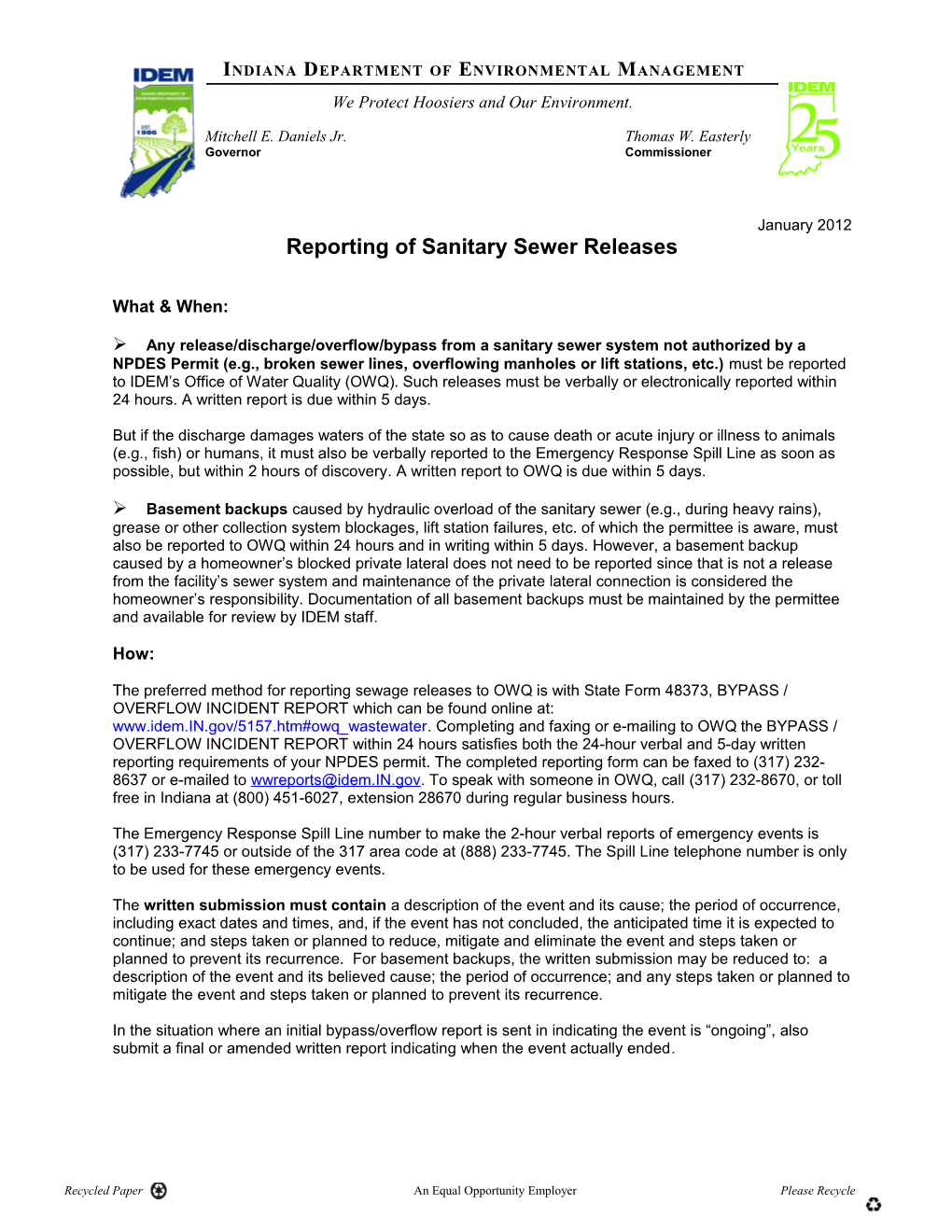 Reporting of Sanitary Sewer Releases