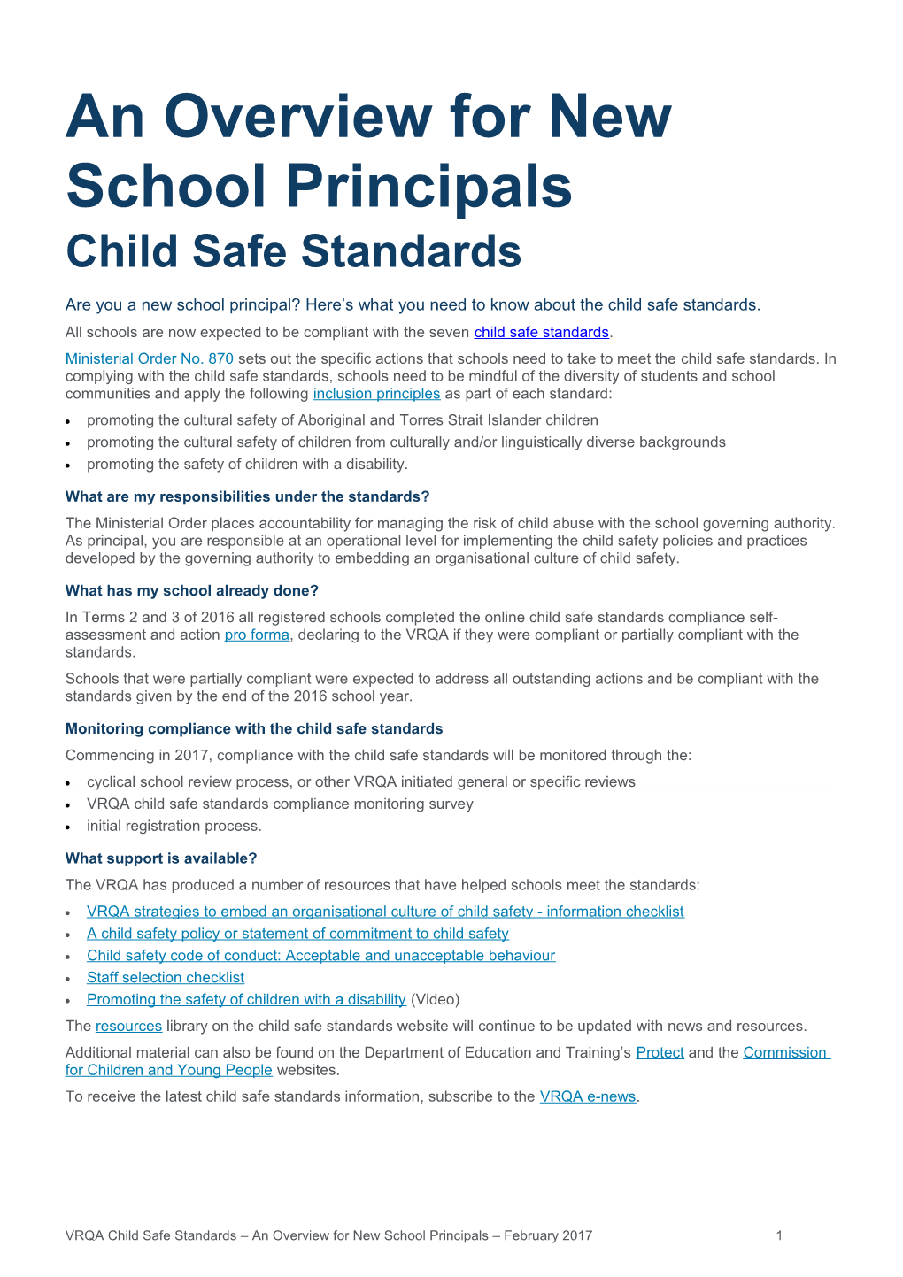 Child Safe Standards: an Overview for New School Principals