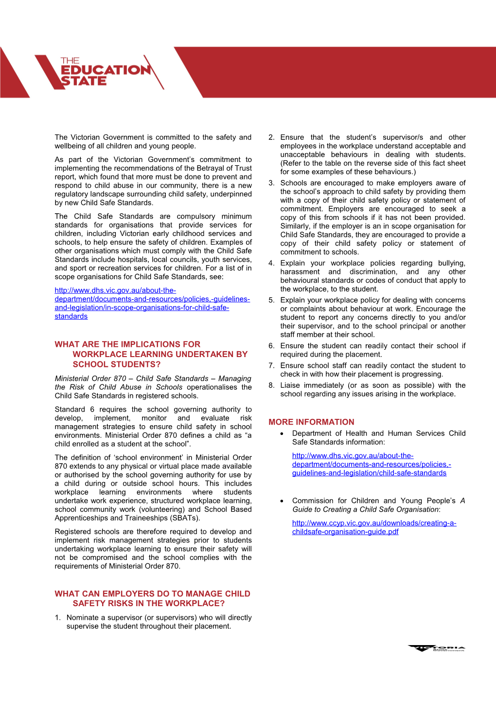 Fact Sheet for Employers: Child Safe Standards and Workplace Learning