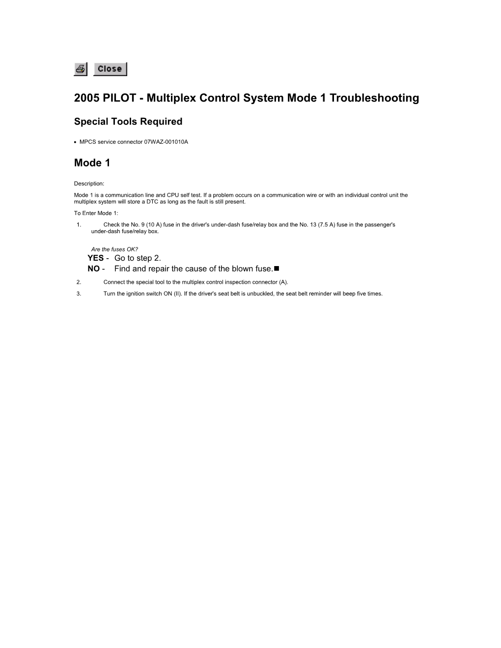 2005 PILOT - Multiplex Control System Mode 1 Troubleshooting