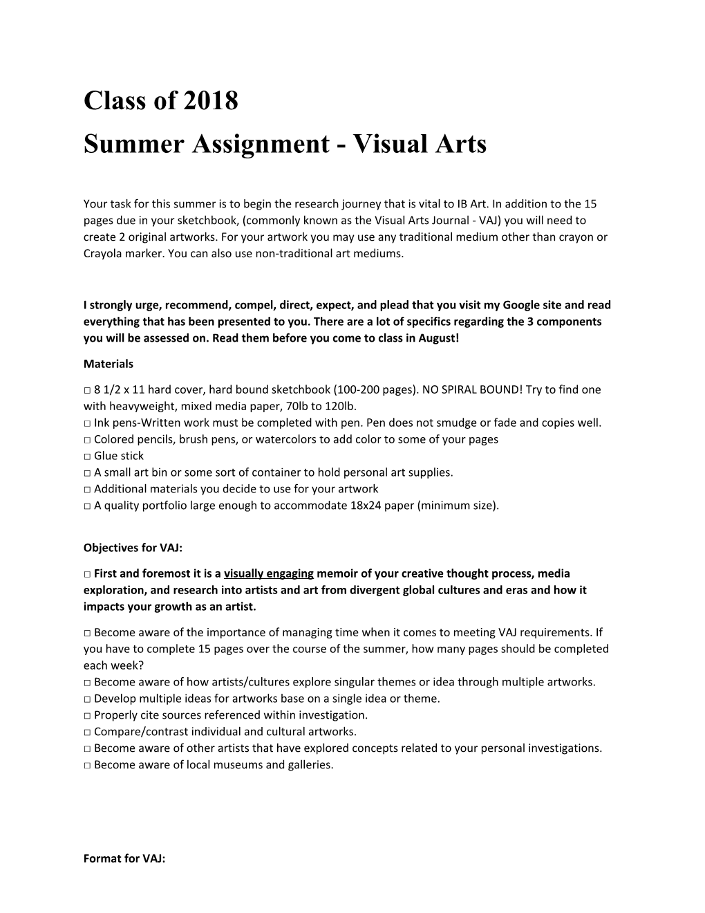 Summer Assignment - Visual Arts